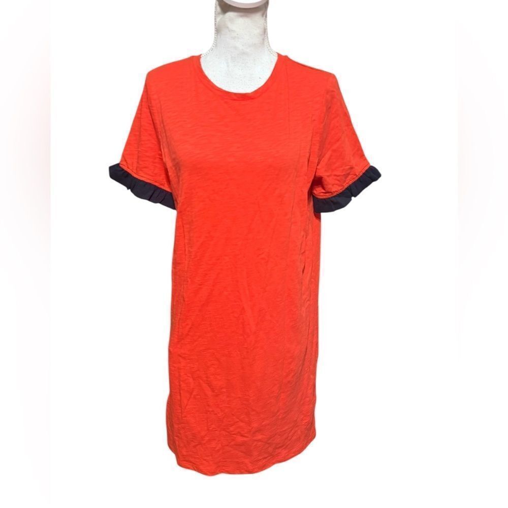 Boden T-Shirt Dress Womens 8 Bright Orange‎ & Navy Ruffle Sleeve Cotton Stretch